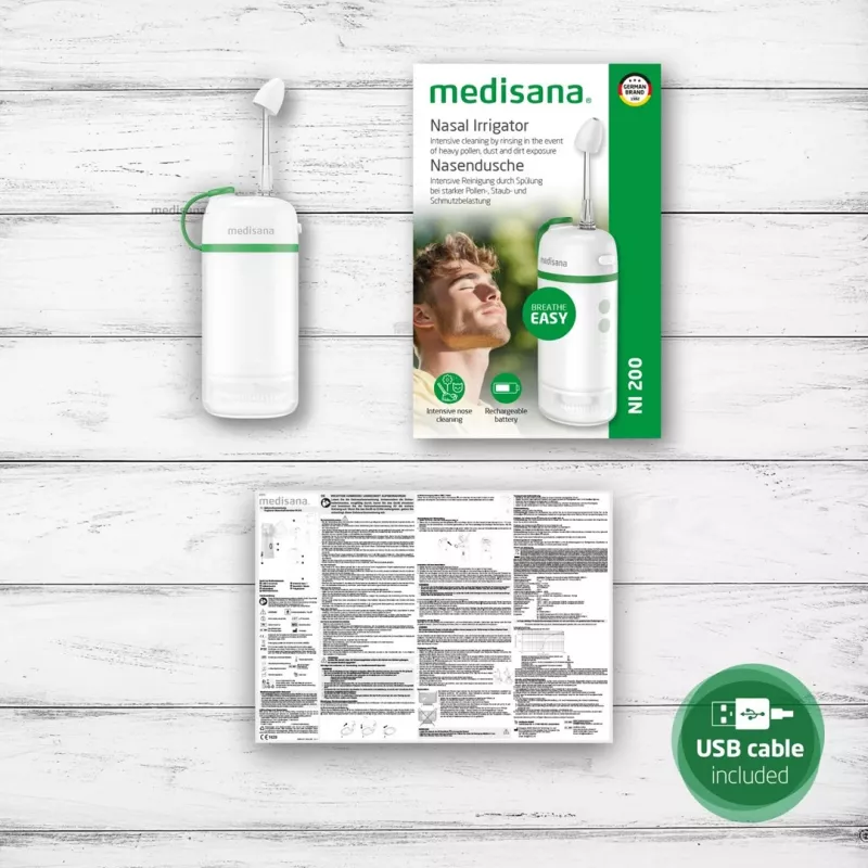Medisana NI 200 irrigador nasal eléctrico, depósito de agua de 150 ml, 3 programas, USB-C, 1400 mAh, IPX7, plegable, blanco