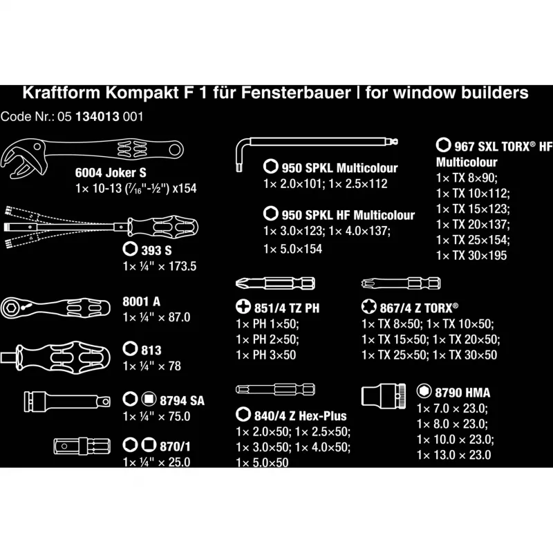 Kraftform Kompakt F 1, para carpinteros de ventanas, 35 piezas, set de herramientas negro/verde, incl. carraca de puntas Zyklop Mini 1, 1/4
