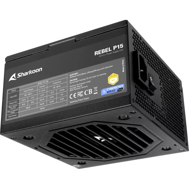 Fuente de alimentación Sharkoon Rebel P15 750, 750 W, 1 conector de GPU de alta potencia de 12 pines, 4 PCIe, cableado modular