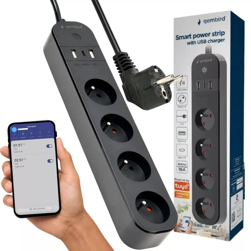 Regleta de enchufes GEMBIRD TSL-PS-F4U-02 con 4 tomas PL y cargador USB, negra