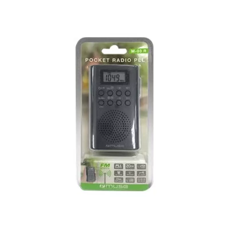 Radio portátil Muse M-03 R con sintonización FM-PLL, pantalla LCD, antena externa, negra