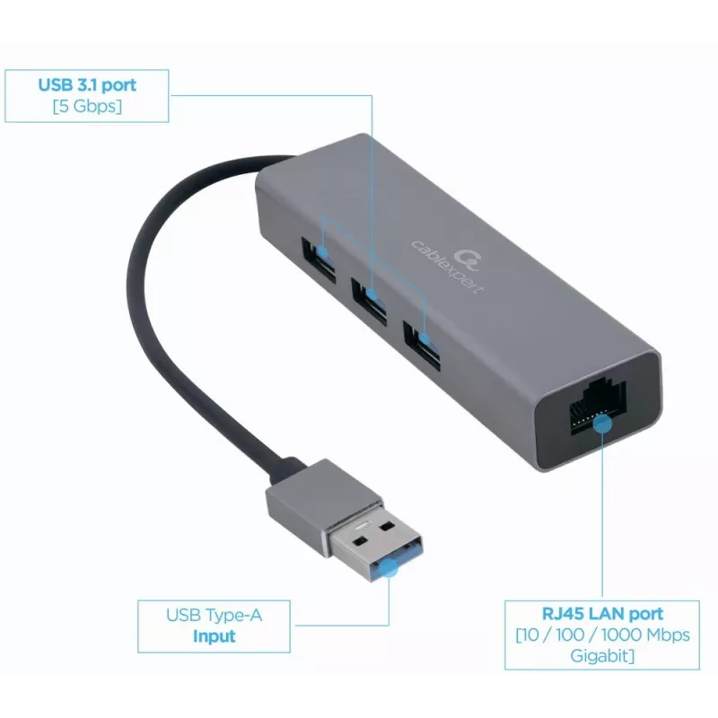Gembird A-AMU3-LAN-01 adaptador USB-A a Gigabit LAN con hub USB 3.0 de 3 puertos, negro
