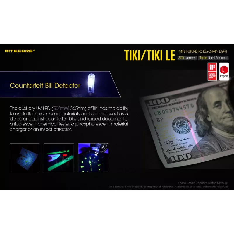 Linterna de mano Nitecore TIKI LE — 300 lm, recargable por USB, policarbonato, IP66, resistente a impactos, 10,5 g, 55 mm, negra
