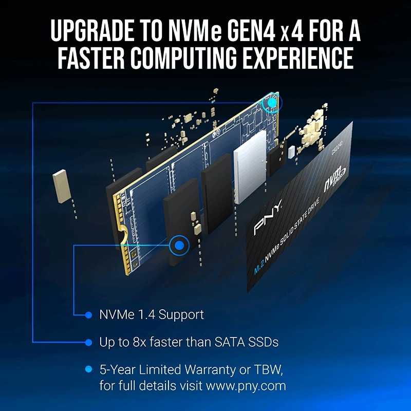 SSD PNY CS2241 M.2 NVMe PCIe 4.0 1 TB – lectura 5100 MB/s, escritura 3200 MB/s