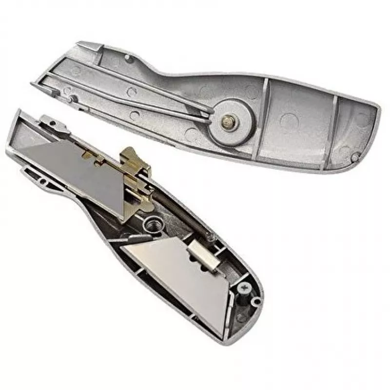 WEDO 78808 Safety-Cutter ALU cúter, hoja trapezoidal, con muelle, retráctil automático, 2 hojas de repuesto, TÜV/GS, plateado