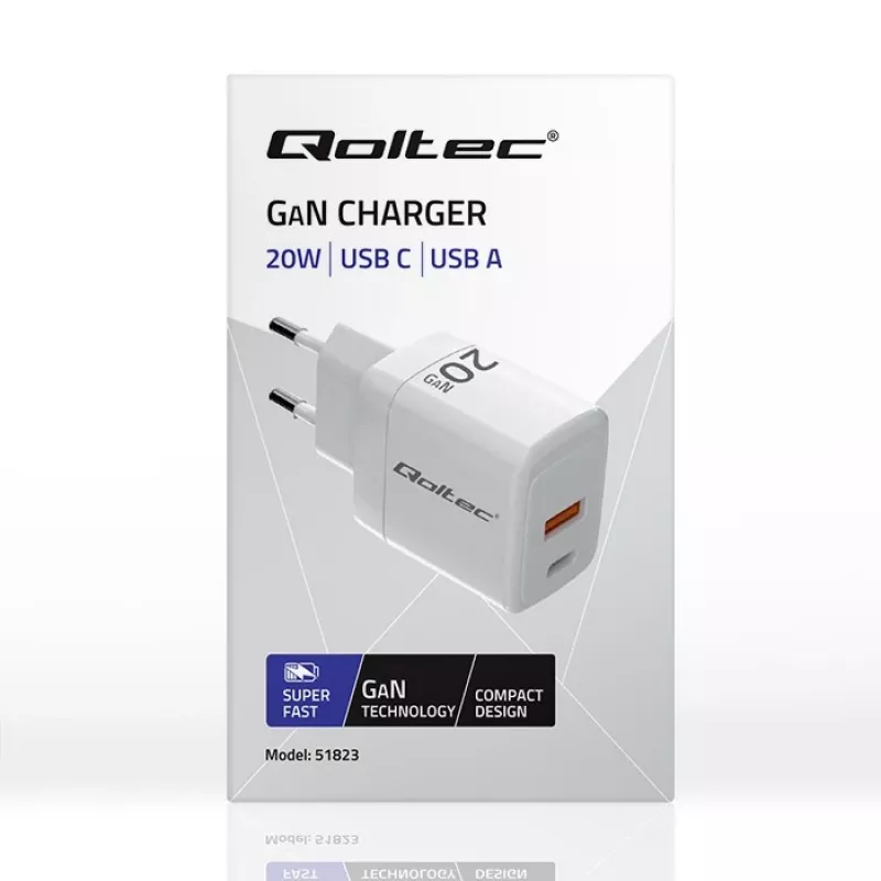 Cargador GaN QOLTEC 51823 20W fuente de alimentación USB, salida 5V/20V