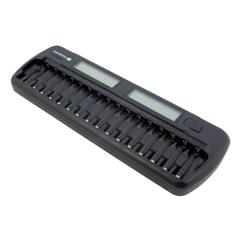Cargador de baterías everActive NC-1600 — cargador universal DC para Li-Ion, compatible con 16 celdas, tamaños compatibles AA/AAA/C, negro, AC 100–240V 50–60Hz