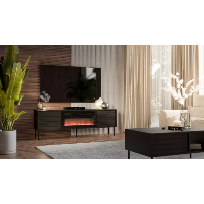 Mueble TV Cama Meble CORTINA 180x40x60 cm negro con chimenea negra