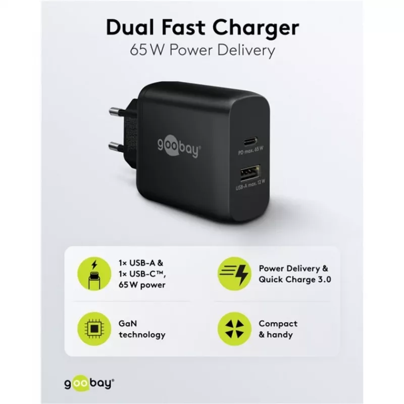Cargador dual rápido USB-C, PD, GaN, 65 vatios (negro, 1x USB-C, 1x USB-A, Power Delivery)