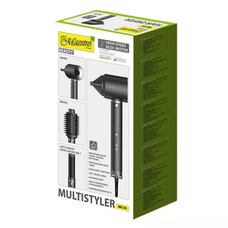 Set de cuidado del cabello 3 en 1 Multistyler Maestro MR-230 — secador de pelo, cepillo secador y rizador automático, 1200 W, motor BLDC, rizos de 3,5 cm, 2 niveles de calor, negro