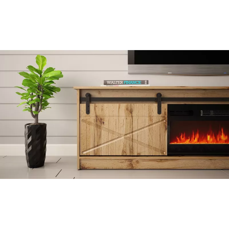 Mueble TV Cama Meble GRANERO con mueble de chimenea, roble Wotan, 2000×350×567 mm, 2 puertas, 2 estantes