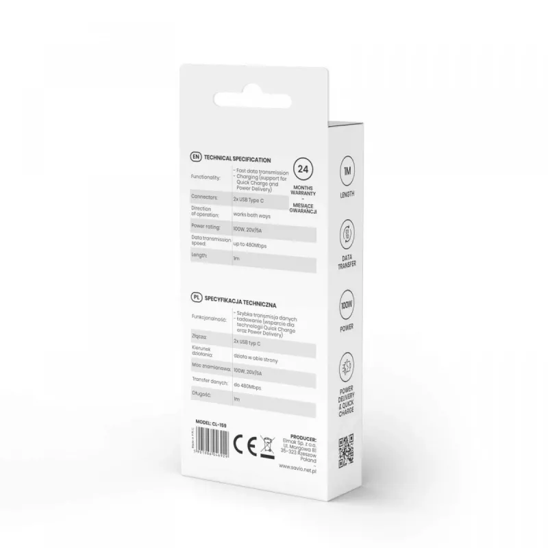 Cable USB-C a USB-C SAVIO CL-159 1 m, USB 2.0 (480 Mbit/s), negro, 2,1 A