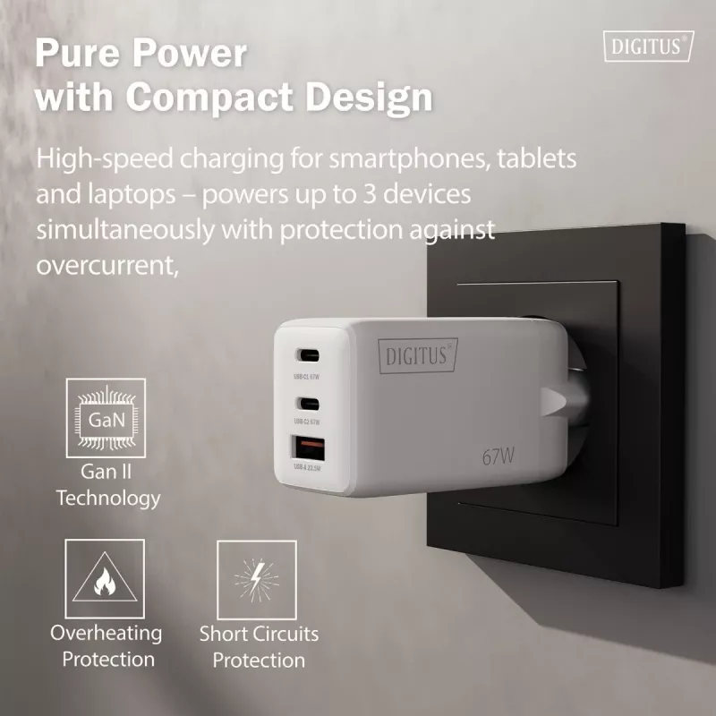 Cargador de pared DIGITUS DA-10303 67W GaN, 2× USB-C + 1× USB-A, 100–240V, blanco