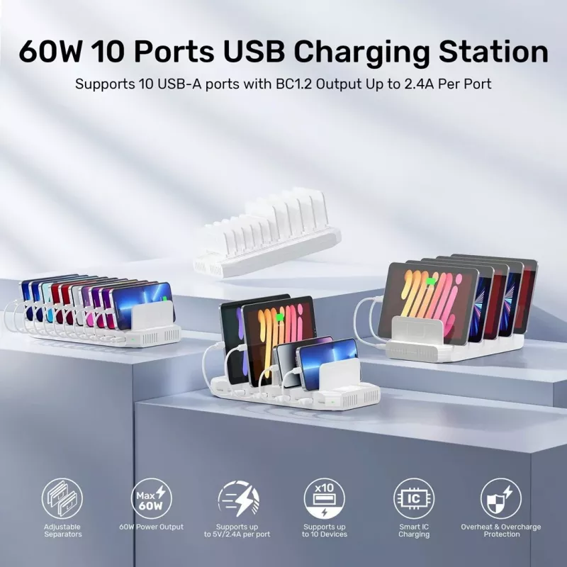Estación de carga Unitek 10X USB 2.4A 60W blanco