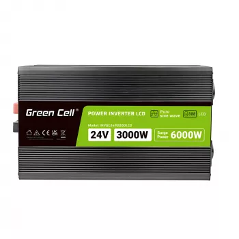 Inversor de coche Green Cell INVGC24P3000LCD 24V 3000W onda senoidal pura, 230V 50Hz, LCD, tipo F