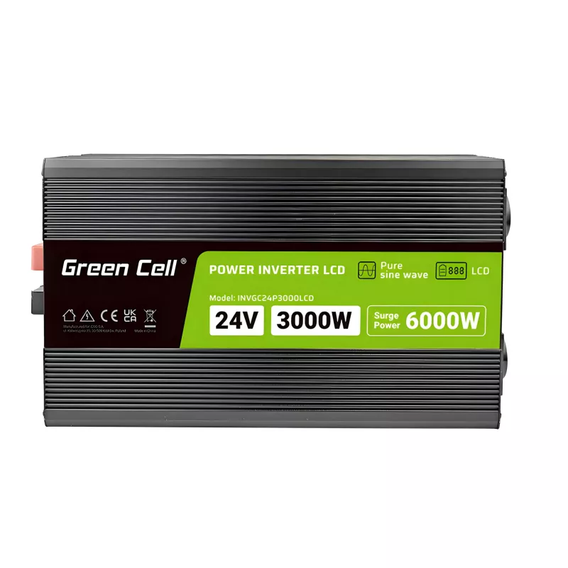 Inversor de coche Green Cell INVGC24P3000LCD 24V 3000W onda senoidal pura, 230V 50Hz, LCD, tipo F