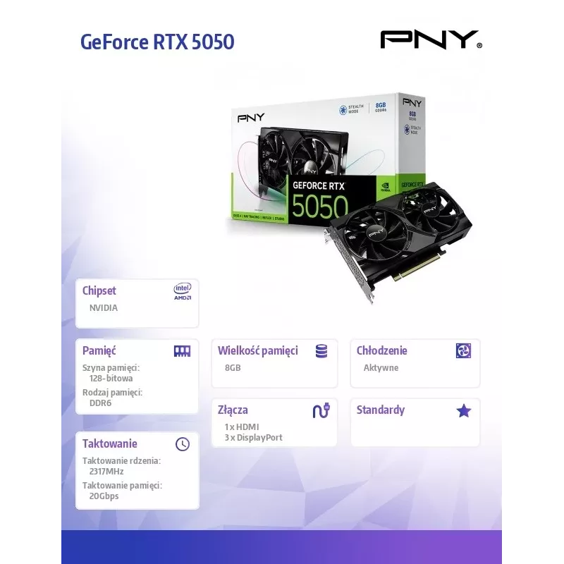 Tarjeta gráfica PNY GeForce RTX 5050 – 8 GB GDDR6, 2317 MHz, 128 bits, PCIe x8 5.0, refrigeración de doble ventilador