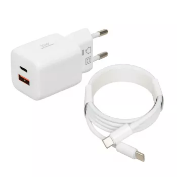 Cargador USB IBOX ILUC42W 42W (máx. 33W), 1×USB-C PD3.0, 1×USB-A QC3.0, 100–240V, blanco