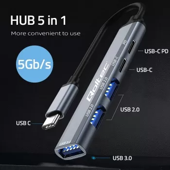 Qoltec 53790 Hub Adaptador USB-C 3.1 5in1 | USB-C PD | USB-C | 2x USB 2.0 | USB 3.0