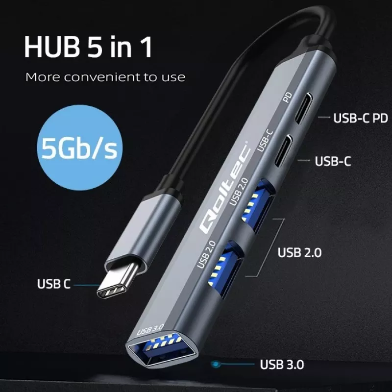 Qoltec 53790 Hub Adaptador USB-C 3.1 5in1 | USB-C PD | USB-C | 2x USB 2.0 | USB 3.0