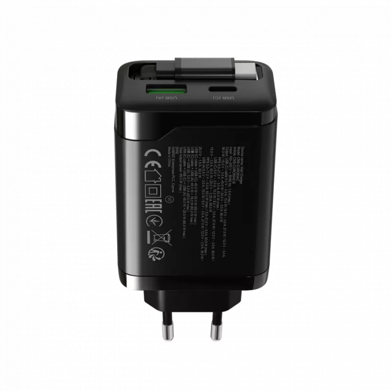 Cargador CANYON OnCharge 65RC con cable USB-C integrado, 65 W, 1x PD, 1x QC, conector EU, negro