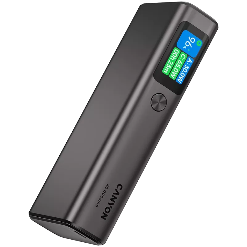 Canyon OnPower 230 TFT batería externa, 20000 mAh, PD 130 W, 2x USB-C + USB-A, carcasa de metal, gris oscuro