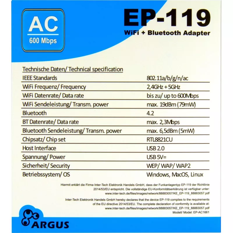 Adaptador USB Wi-Fi/Bluetooth INTER-TECH EP-119, Wi-Fi 5 (802.11ac) dual band 600 Mbit/s