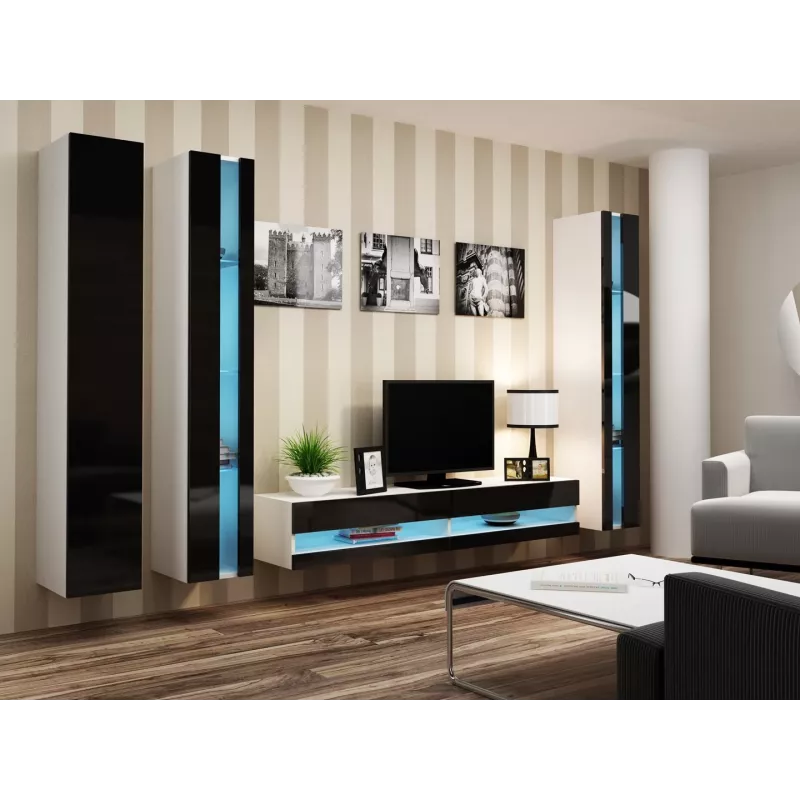 Soporte de TV Cama Meble VIGO NEW 30/180/40, parte superior blanca, marco negro brillante, 1800×400×300 mm
