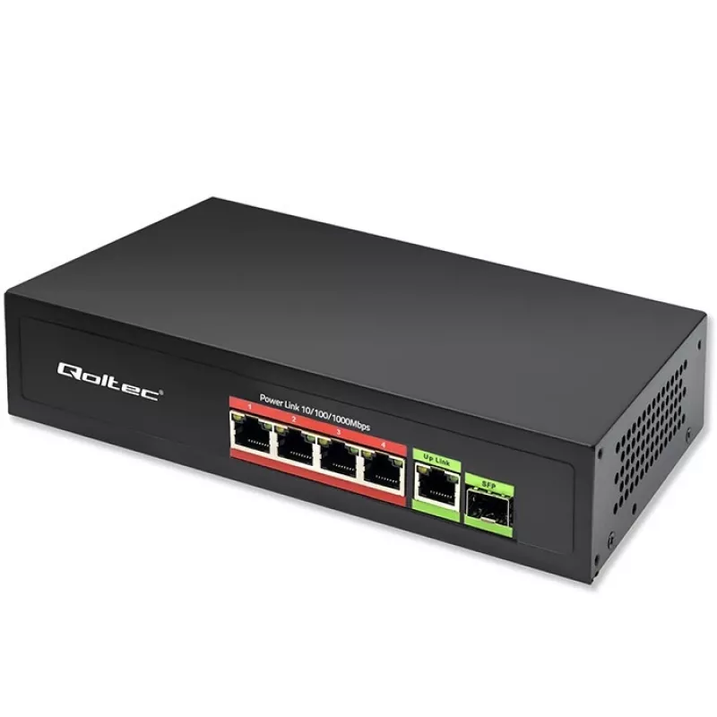 Switch Ethernet PoE QOLTEC 52296 — 4 puertos RJ45 PoE, 1 uplink RJ45