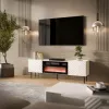 Mueble TV cama meble LUCCA 180x40x59 cm, superficie y marco blancos, chimenea eléctrica negra