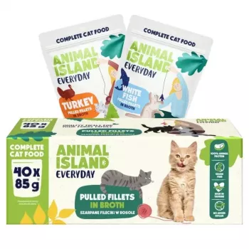 Comida húmeda para gatos animal island Everyday Filetes de pavo y pescado blanco en caldo, 40 x 85 g, adulto, sin cereales, sobres frescos