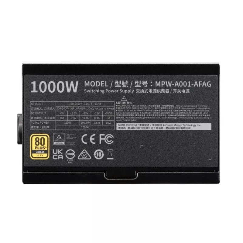 Fuente de alimentación Cooler Master MPW-A001-AFAG-BEU Gold 80+ 1000W, INTEL ATX 3.1, 135 mm, ventilador FDB de larga vida útil