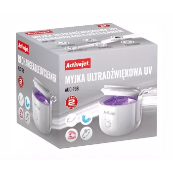 Limpiador ultrasónico ActiveJet AUC-198 — carga por USB, UV, 7,4 V, 106×107×89 mm