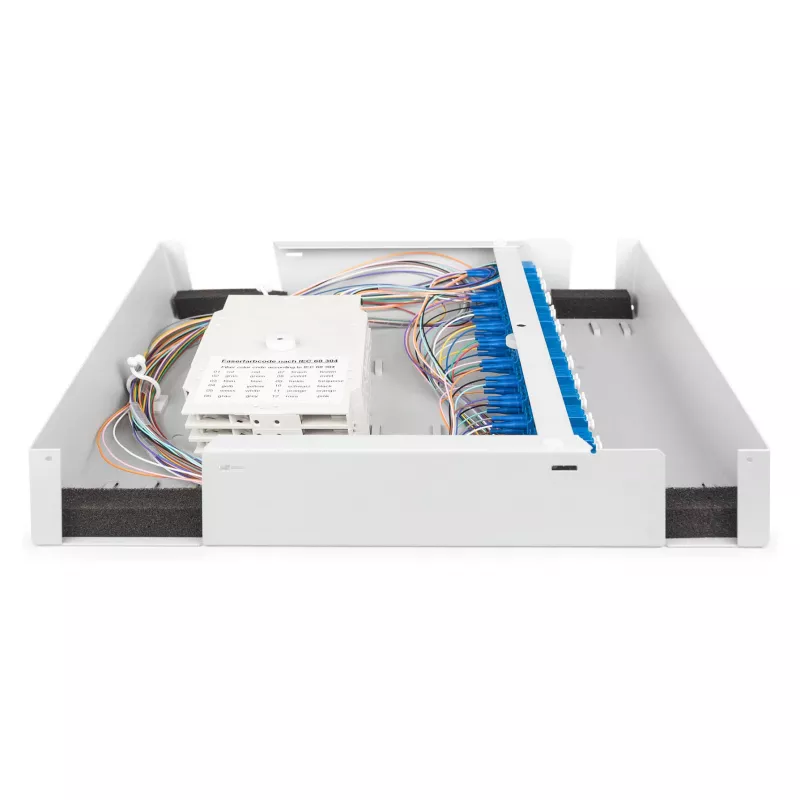 Caja de pared de fibra óptica DIGITUS DN-96843M-OS2, monomodo, premontada, 24×LC adaptador DX con pigtails, acero, gris, 320×54×280 mm