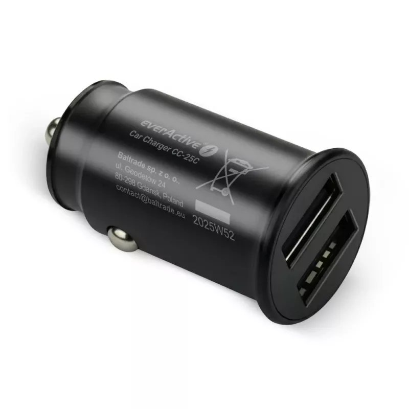 everActive CC-25C cargador de coche, 2x USB 12 W, con cable USB-C