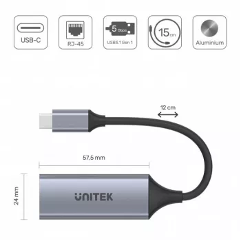 Tarjeta de red Unitek U1312A, IEEE 802.3, gris, cable de 0,5 m