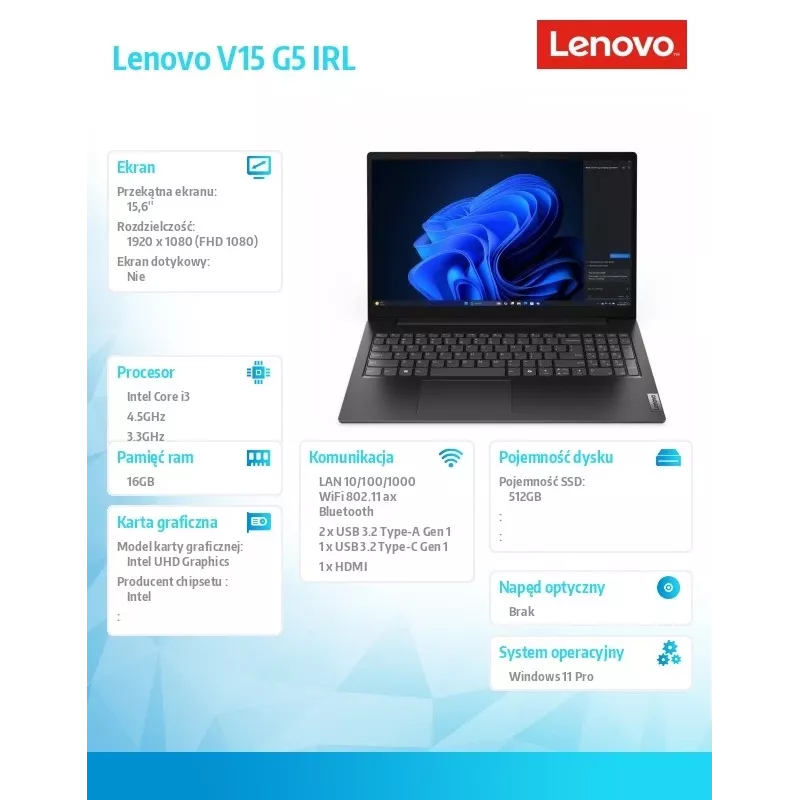 Portátil Lenovo V15 G5 IRL – Intel Core i3-1315U, 16 GB RAM, 512 GB SSD, Windows 11 Pro