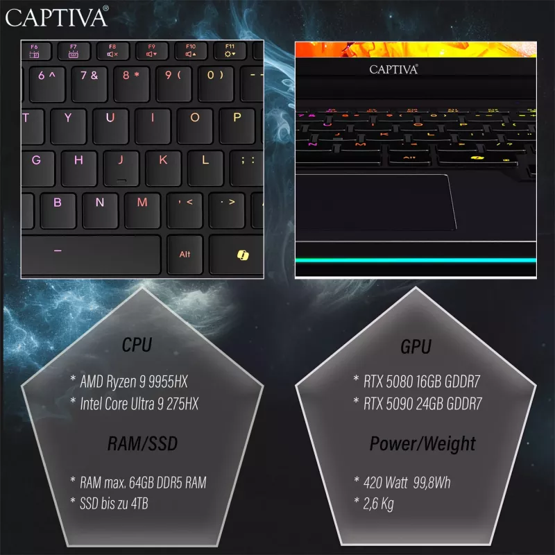 Captiva Ultimate Gaming R95-061GE Portátil gaming, AMD Ryzen 9 9955HX, 16 inch WQXGA, 64GB DDR5, 2TB SSD, NVIDIA GeForce RTX 5090, Windows 11