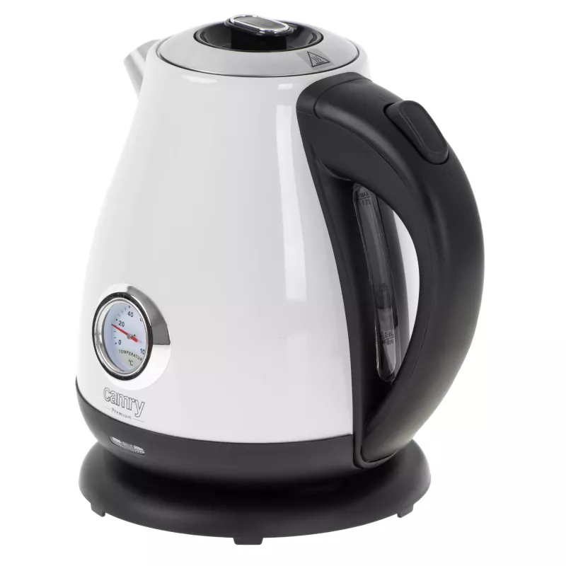 Hervidor Camry CR 1344 — 1,7 l, 2200 W, acero inoxidable, termómetro integrado, base 360°, blanco