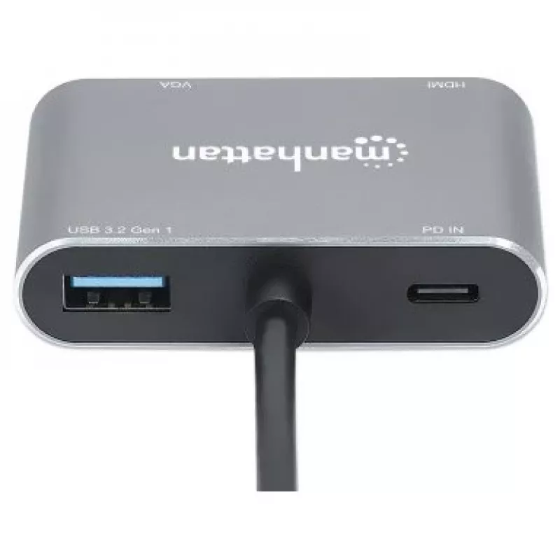 Manhattan Dock/Hub USB-C, puertos (x4): HDMI, USB-A, USB-C y VGA, con Power Delivery (PD) 87W – se requiere cargador USB-C externo (no incluido). Alimentado por USB (no requiere fuente de alimentación externa) cuando no se utiliza PD, aluminio