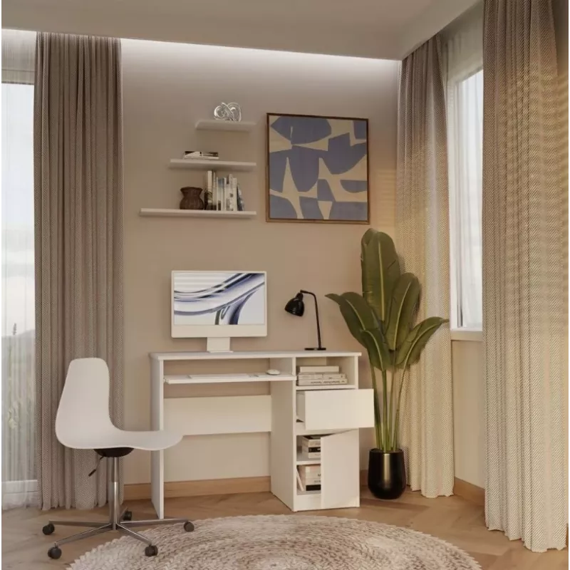 Escritorio top e shop PORTO derecho blanco, tablero rectangular de aglomerado 985×510×755 mm, 1 cajón, bandeja para teclado