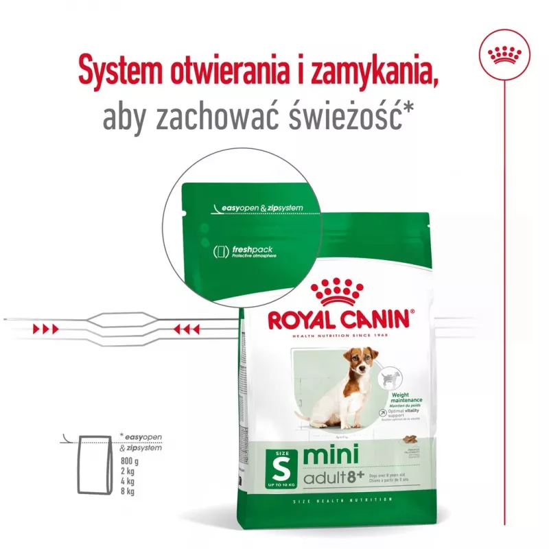 Comida seca para perros Royal Canin Mini Adult 8+ 2 kg — razas pequeñas 5–10 kg, aves, fórmula de control de peso