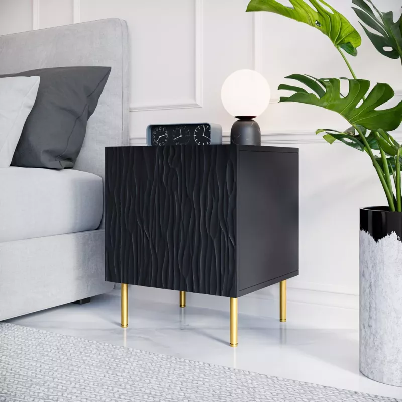 Set de mesitas de noche 2 uds. cama meble JUNGLE — 53,5×40,5×44 cm, negro mate MDF/aglomerado, patas doradas