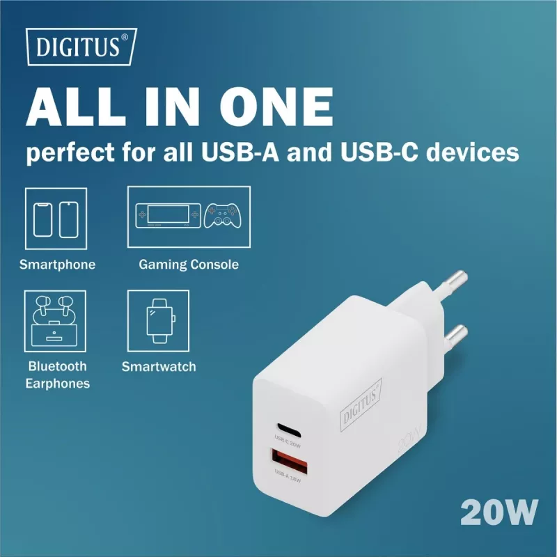 Cargador USB de pared DIGITUS 20W, 1x USB-C, 1x USB-A, entrada 100–240V, blanco
