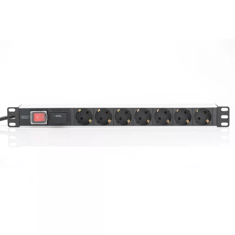 Regleta de enchufes de aluminio Digitus con interruptor, 7 tomas de seguridad, cable de 2 m con protección contra sobretensiones