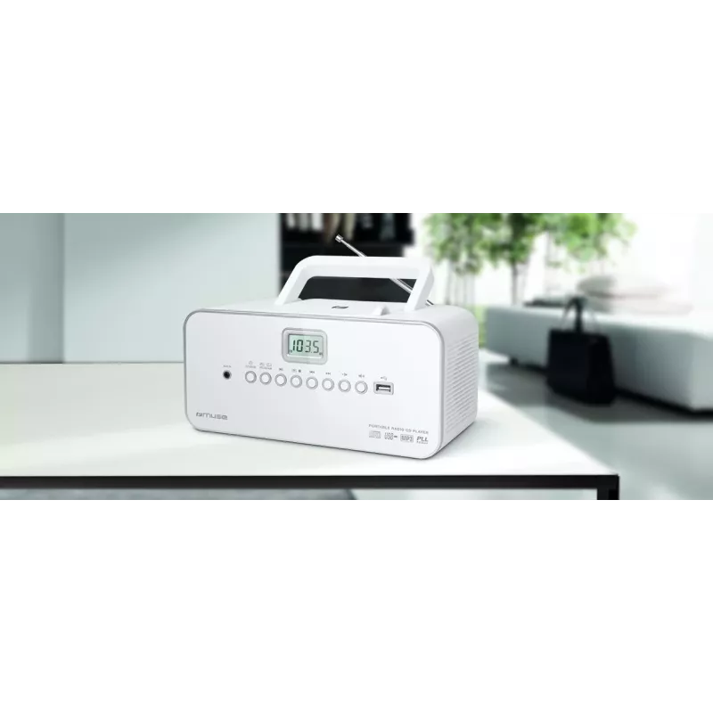 Cadena estéreo portátil Muse M-28RDW – reproductor CD/MP3, sintonizador FM/OM, 3W RMS, blanca, 1,4 kg