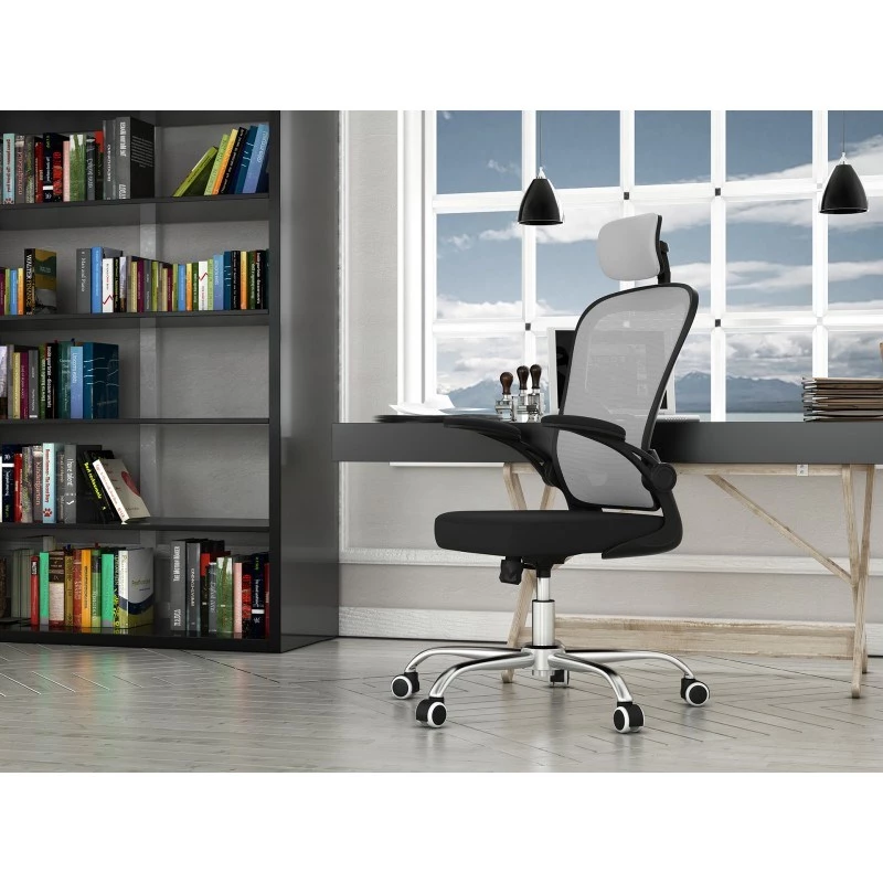 Silla de oficina top e shop DORY SZARY — asiento acolchado, respaldo de malla, 650×620 mm, altura hasta 122 cm