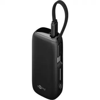 Batería externa 5.000 mAh, cable USB-C integrado de 13 cm, 20 vatios (negro, 5 Ah, 1x USB-A, 1x USB-C, PD, QC)
