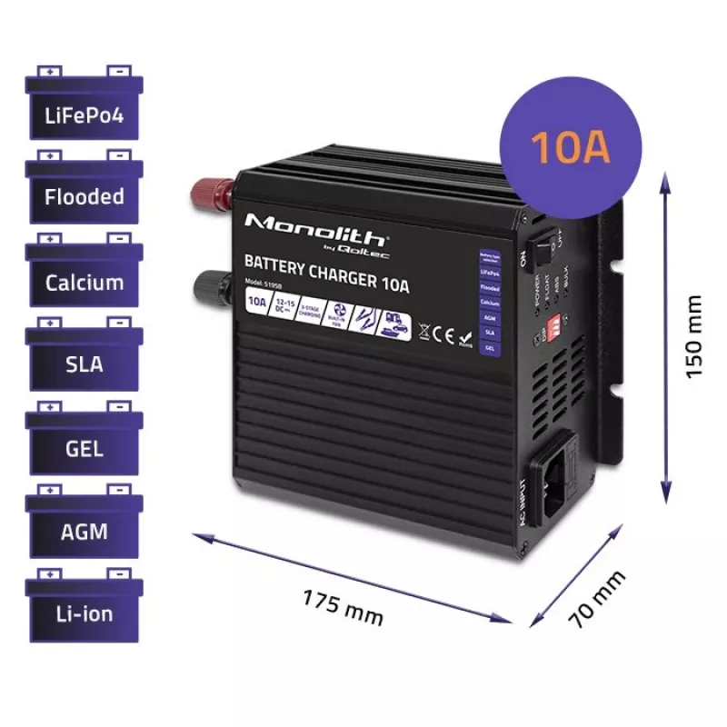 Cargador de baterías Qoltec Smart Monolith para baterías LiFePO4 AGM GEL SLA | 10A | 12V