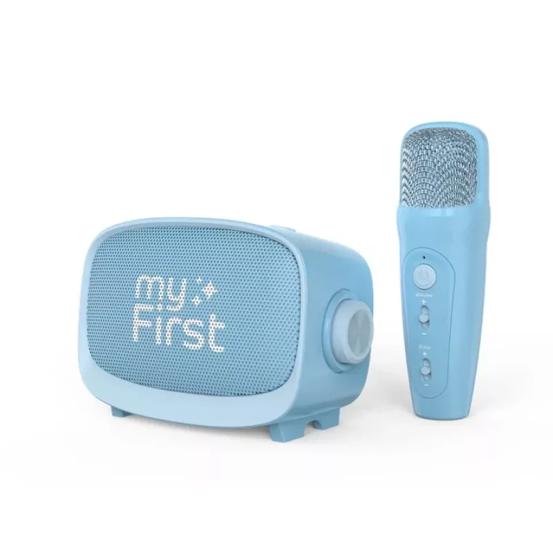 Altavoz infantil portátil myFirst Voice 2 de myFirst — azul, altavoz inalámbrico a pilas con soporte de micrófono